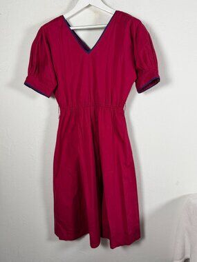 Vintage Joanie Char Women Red Pink V-Neck Cotton A-Line Dress Size 6 Puff Sleeve
